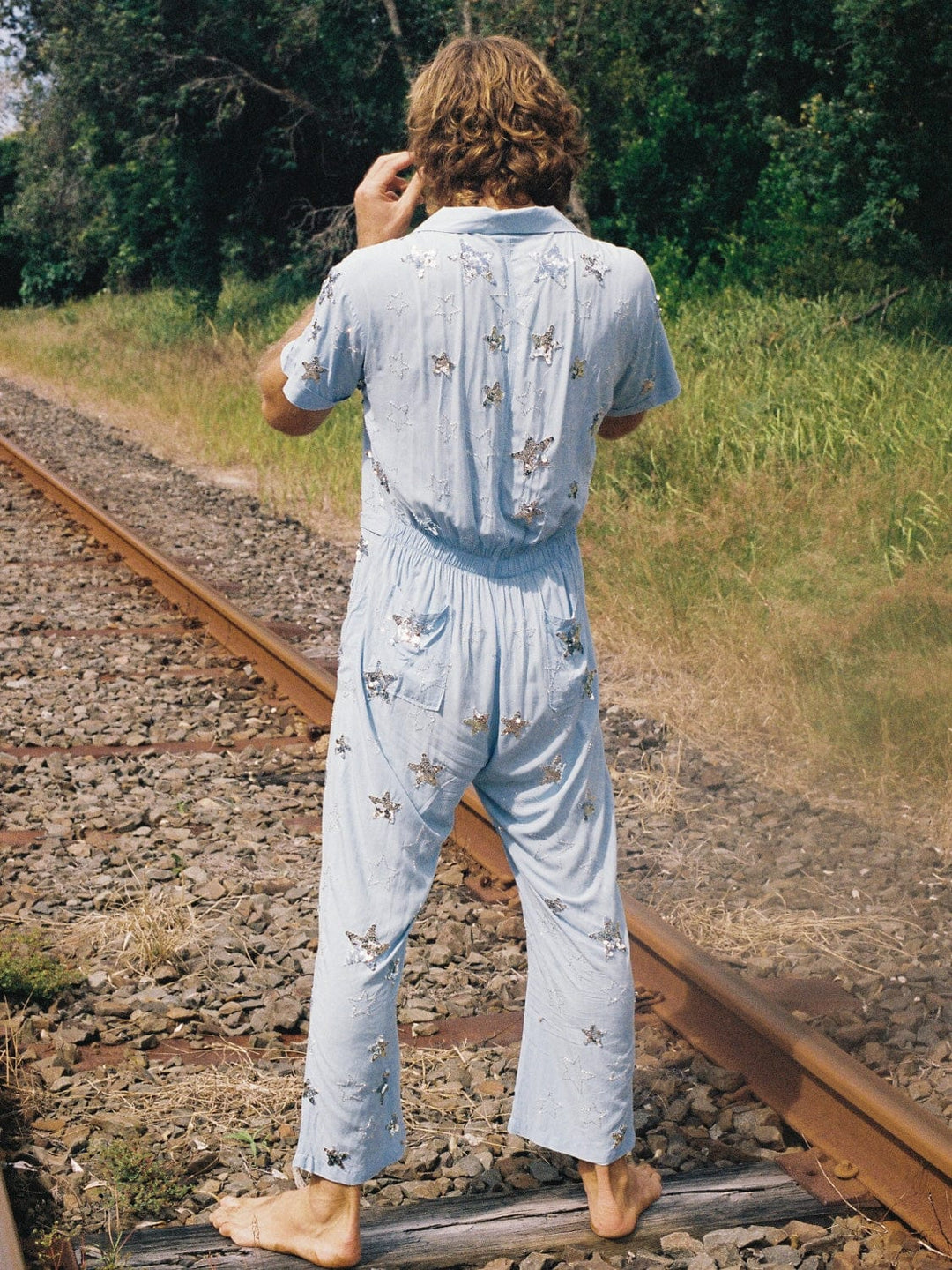 MADE TO ORDER / PHOENIX SEQUIN SPARKLE BOILERSUIT - BABY BLUE/SILVER - Her Pony