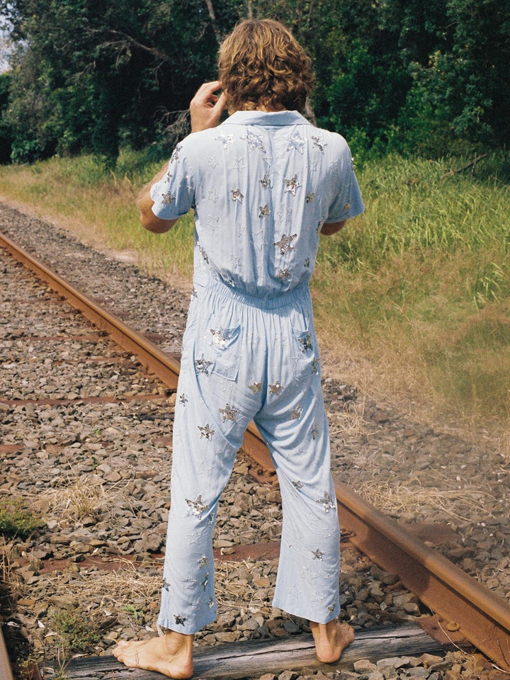 MADE TO ORDER / PHOENIX SEQUIN SPARKLE BOILERSUIT - BABY BLUE/SILVER - Her Pony