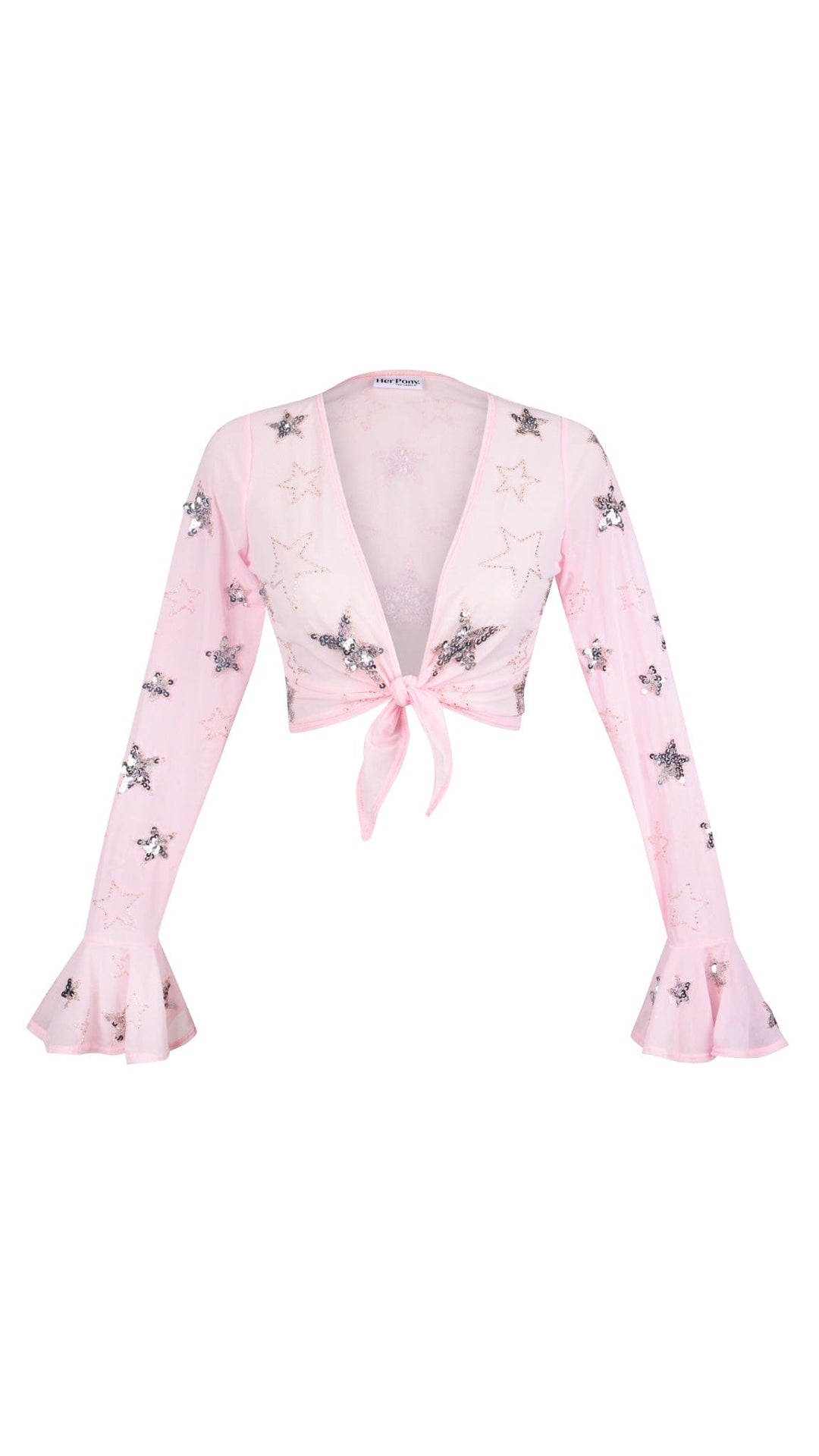 MADE TO ORDER / PHOENIX SPARKLE STAR LONG SLEEVE MINI CROP - PINK/SILVER - Her Pony