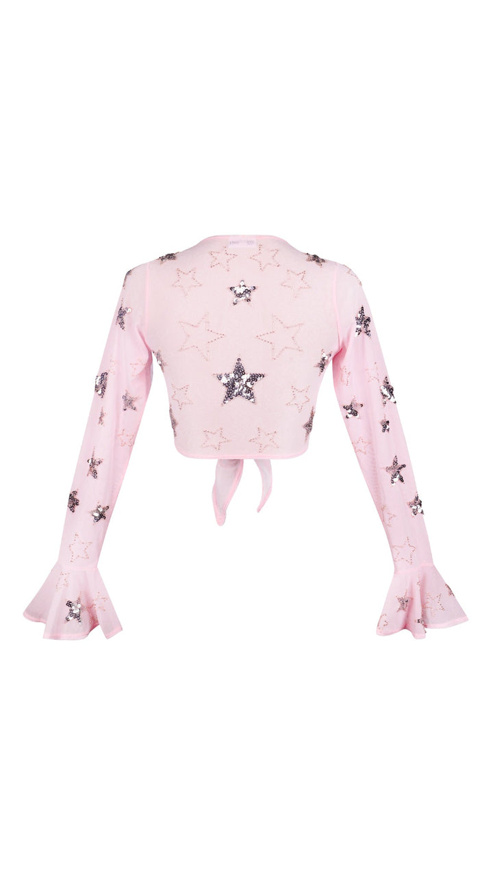 MADE TO ORDER / PHOENIX SPARKLE STAR LONG SLEEVE MINI CROP - PINK/SILVER - Her Pony