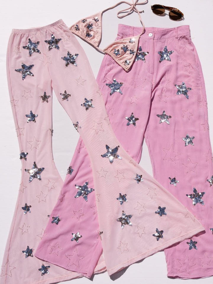 [size] MADE TO ORDER / PHOENIX SEQUIN STAR UNISEX PANTS - PINK/SILVER - Her Pony