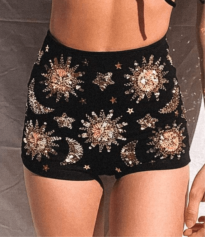 STELLA SEQUIN SPARKLE HIGH WAIST MINI SHORTS - BLACK/GOLD - Made to Order