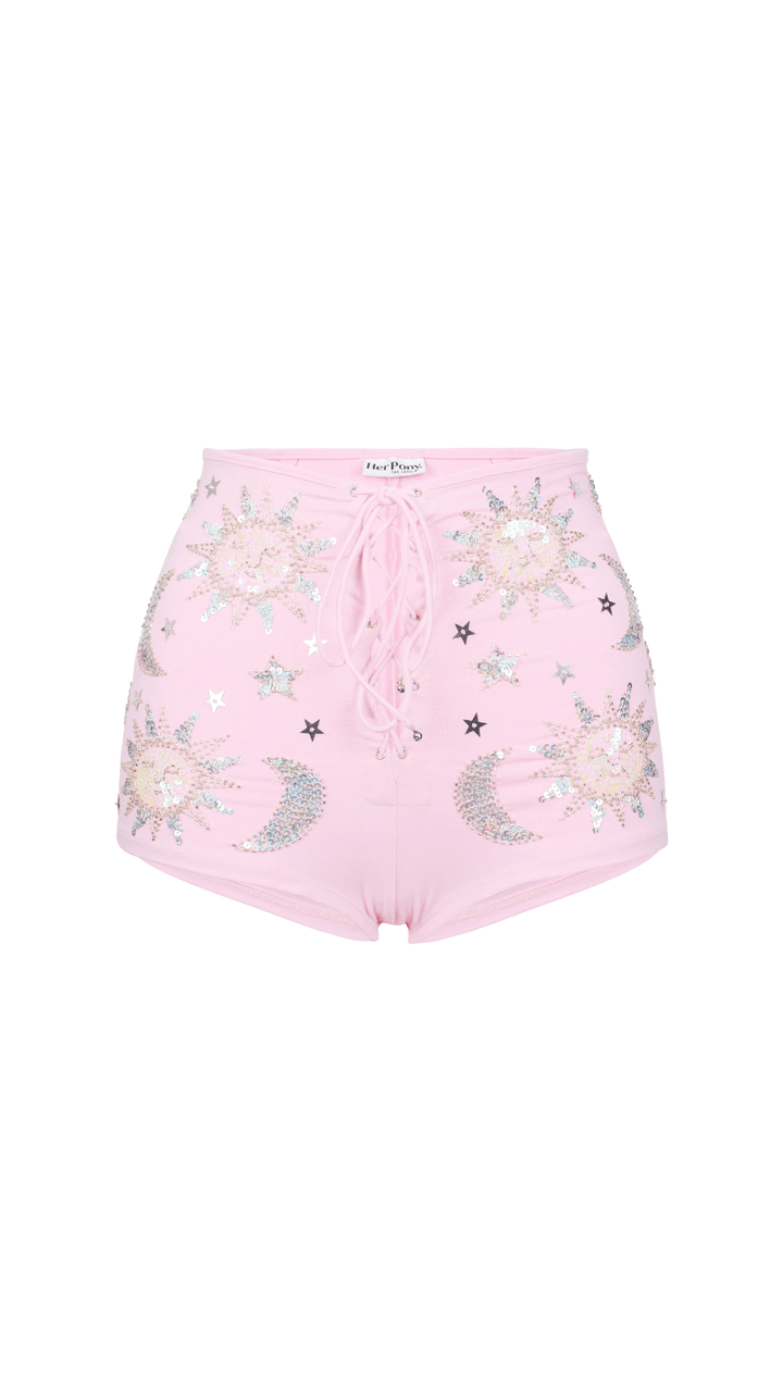 STELLA SEQUIN SPARKLE HOT PANT SHORTS - PINK/SILVER - Her Pony